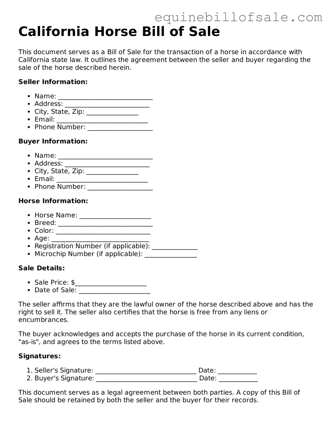 Free California Horse Bill of Sale Document