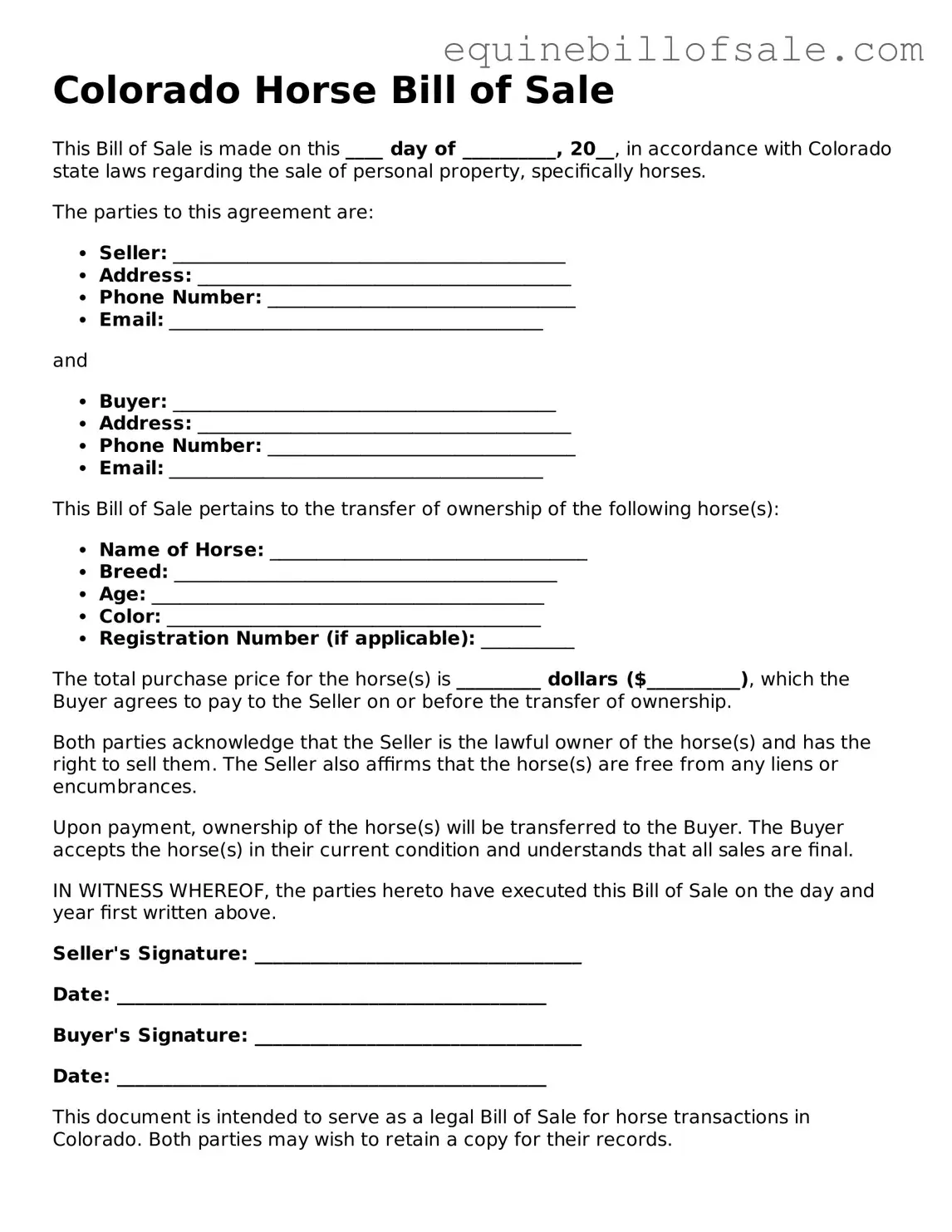 Free Colorado Horse Bill of Sale Document