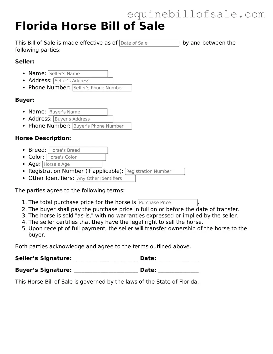 Free Florida Horse Bill of Sale Document