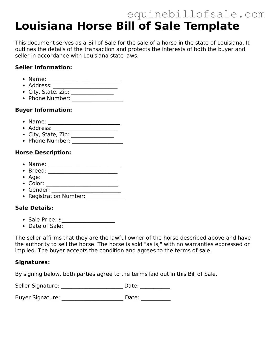 Free Louisiana Horse Bill of Sale Document