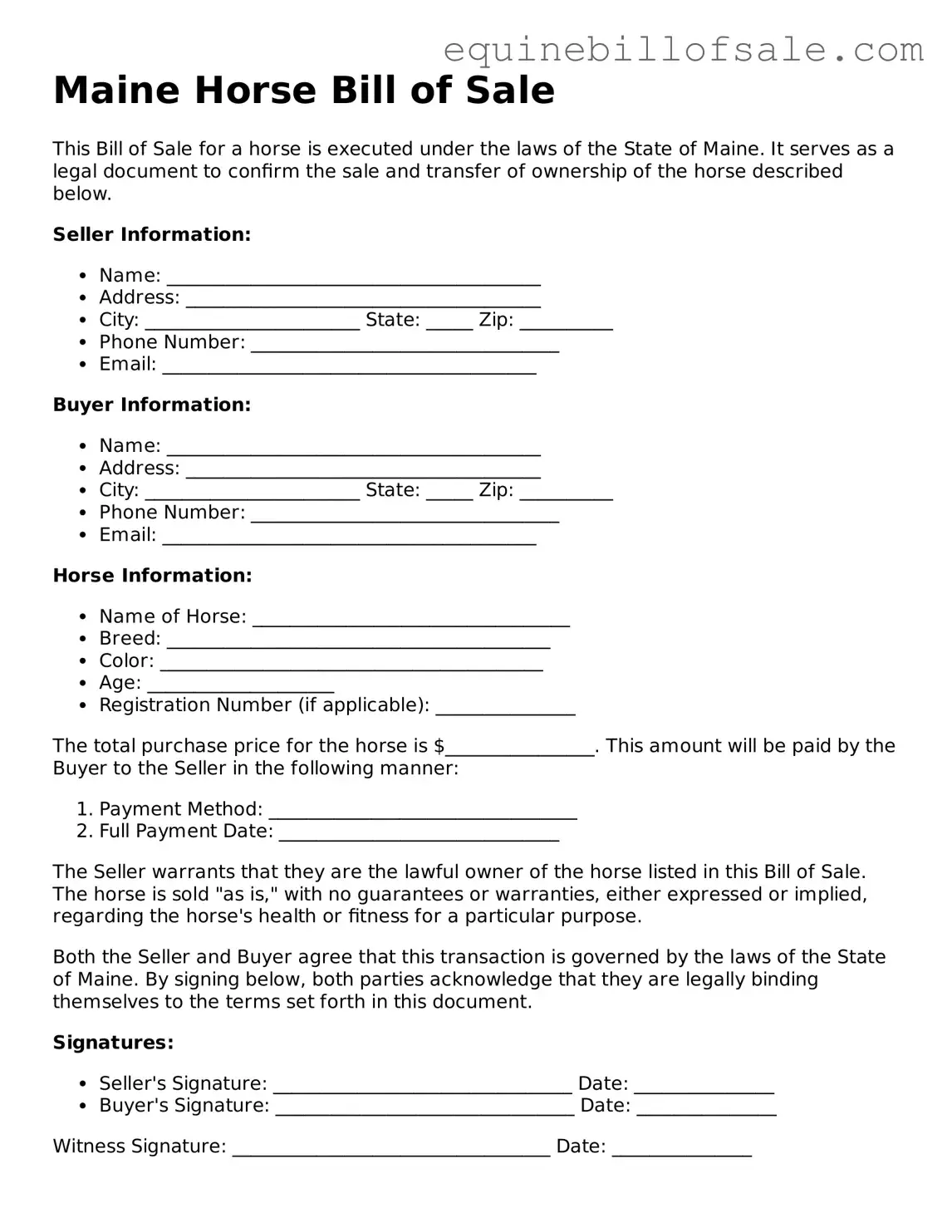 Free Maine Horse Bill of Sale Document