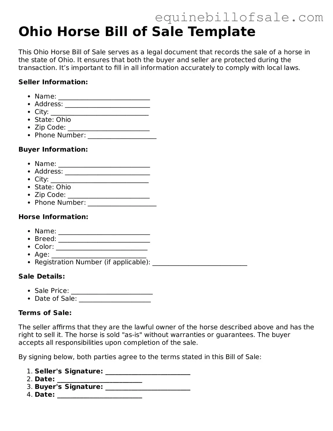 Free Ohio Horse Bill of Sale Document