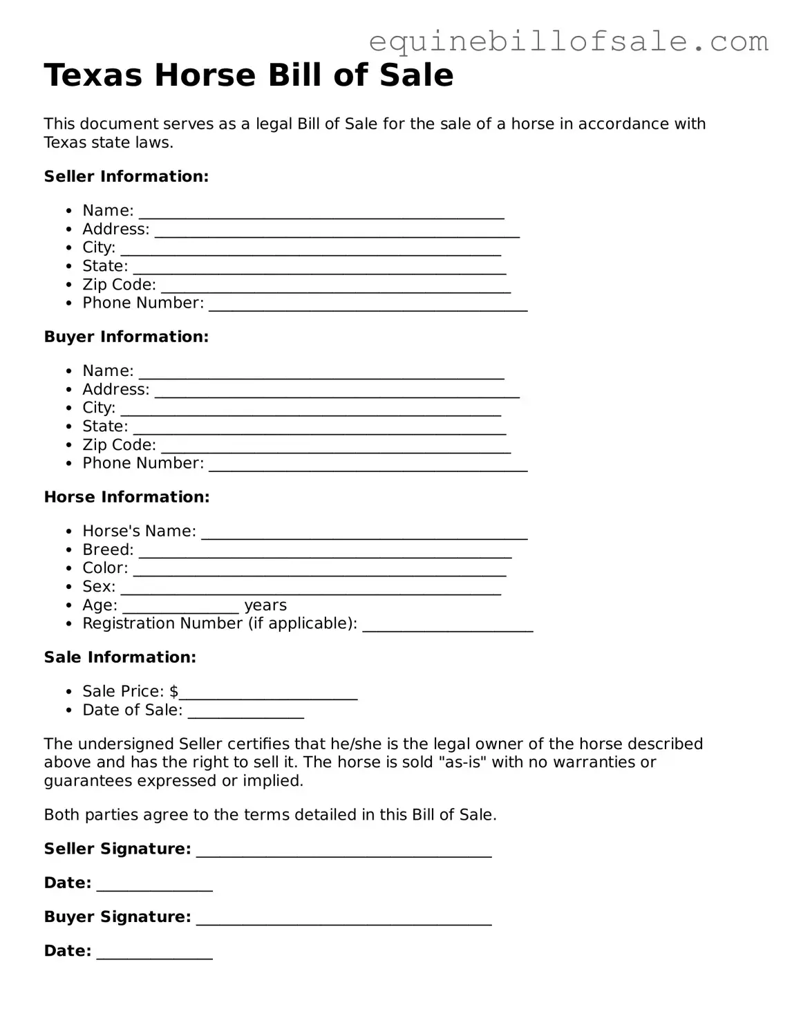 Free Texas Horse Bill of Sale Document