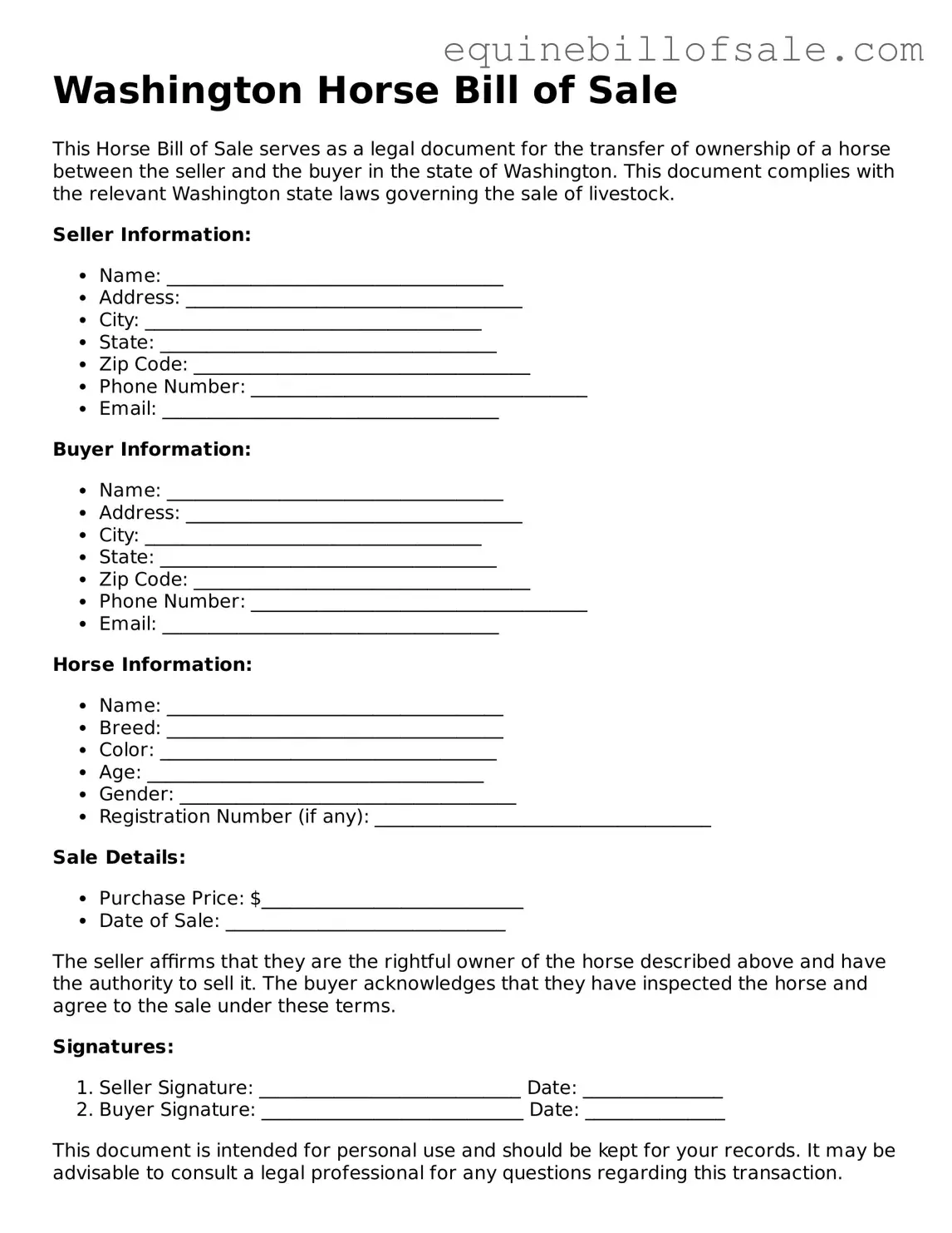 Free Washington Horse Bill of Sale Document